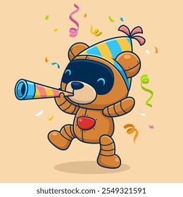 Robotic Teddy Bear Partying with Horn and Hat , vector illustration.