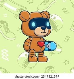 Urso de pelúcia robótico com nave espacial de brinquedo em fundo verde , ilustração vetorial.