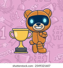 Urso de pelúcia robótico com troféu no ganhador Plano de Fundo de Padrão Sem Costura , ilustração vetorial.