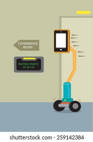 A Robotic Telepresence Device on Wheels Goes to the Conference Room for a Meeting. Tablet has a Blank Space template for Photos of Real people or Cartoon Faces. Editable Vector Illustration. 