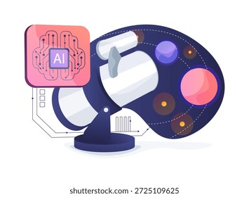 Telescopio robótico Observador concepto abstracto Ilustración vectorial. El robot telescópico autónomo ajusta el enfoque y Pistas de objetos celestes para la investigación astronómica.