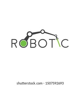 Robotic Text Logo With Robotic Arm And Green Details.