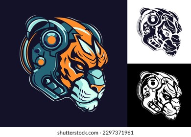 robotic tiger head illustration for esport logo, print, mascot