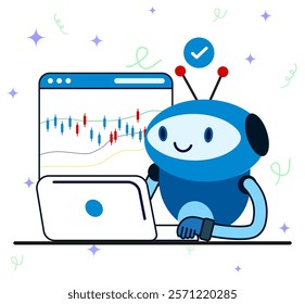 Robotic using laptop to monitoring forex trading. Artificial intelligence robot assistance for tock trading or crypto currency investing, technical analysis for investment,