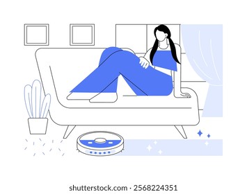 Robotic vacuum cleaner isolated cartoon vector illustrations. Young girl works with laptop, robot vacuum cleaner tidying up in house, modern technology, home routine vector cartoon.