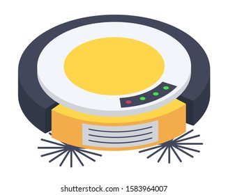 Robotic vacuum cleaner, isolated icon. Housework done by robot with brushes and special sensors. Machine for home usage. Modern device with buttons and light bulbs. Hygiene maintenance vector