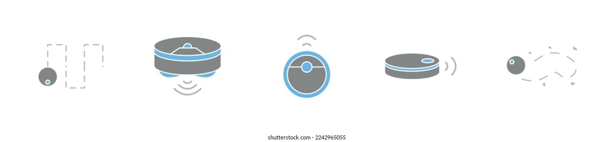 Robotic vacuum cleaner modern line icon set, smart robot mop concept, cleansing device flat style vector icons, mobile floor washer emblems, circle hoover symbols isolated on white background