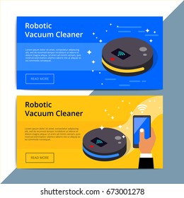Robotic vacuum cleaner promo web banner ad. Robovac promotion advertisement layout. Domestic robot device with smart wireless technology. IOT appliance background. 
