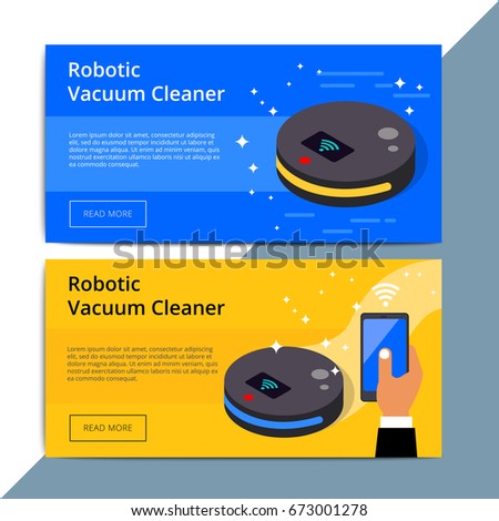 Robotic vacuum cleaner promo web banner ad. Robovac promotion advertisement layout. Domestic robot device with smart wireless technology. IOT appliance background.  Stock photo © 