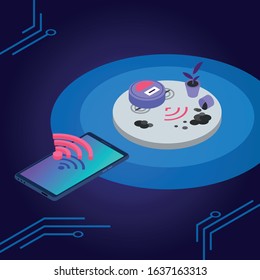 Robotic vacuum cleaner remote control isometric color vector illustration. Autonomous household equipment. Domestic appliance and smartphone connection 3d concept isolated on blue background
