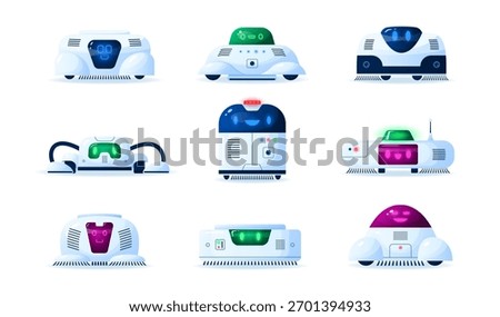 Robotic vacuum cleaners. A set of cleaning machines on a white background. Cartoon style androids with funny electronic faces. Vector illustration.