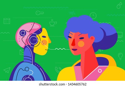 Robotic voice assistant Concept Banner. Trendy Character Design Illustration

