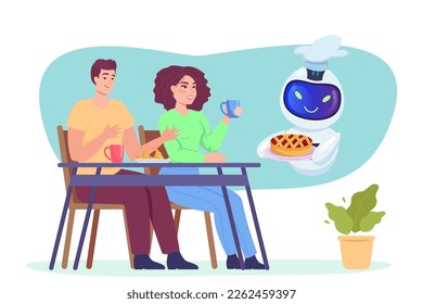 Robotic waiter serving pie to couple at restaurant or cafe. Cartoon robot, happy man and woman eating pastry flat vector illustration. Technology, artificial intelligence, bakery concept for banner