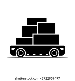 Un carro robótico de almacén con cajas. Silueta negra. Vista lateral. Vector simple ilustración gráfica plana. Objeto aislado sobre un fondo blanco.