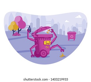 Robotic Waste Bin Throwing Rubbish with Automatic Hands or Grippers Flat Vector Illustration. Robot Technology Concept. Holding Trash such as Electronic Gadget, Organic Litter. Green Area.