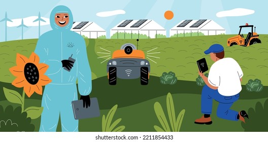 Robotic watering plants. Remotely controlled irrigation system. Smart garden and greenhouses. Agriculture innovation technology. Robots and automated tractors. Garish