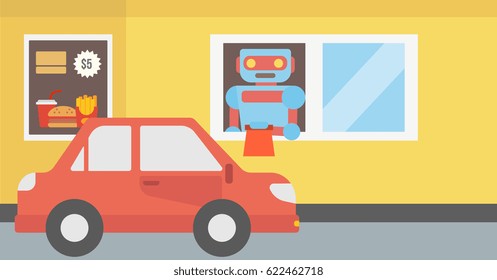 Robotic worker of fast food restaurant giving an order to a customer in car. Car driving to the window of fast food restaurant where works robot. Vector flat design illustration. Horizontal layout.