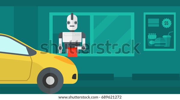 自動車で客に注文を出すファストフードレストランのロボット労働者 ロボットが働くファストフードレストランの窓辺に車で行く ベクターフラットデザインイラスト 水平レイアウト のベクター画像素材 ロイヤリティフリー
