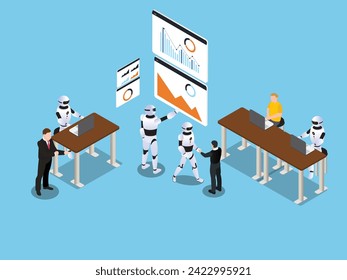 Robotic worker, humans and robots work together in futuristic workplace 3d isometric vector illustration