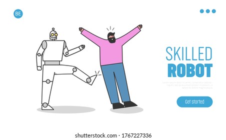 Robotic worker kicks human professional. People against robots at work landing page concept. Business employment and future automation in office. Cartoon flat vector illustration