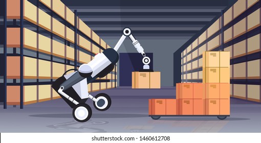 robotic worker loading cardboard boxes hi-tech smart factory robot artificial intelligence logistics automation technology concept modern warehouse interior flat horizontal