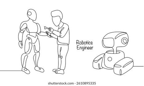 A roboticist completes the creation of a humanoid robot next to another robot. The man designs, configures, and maintains robots for industrial, scientific, medical, and entertainment purposes.