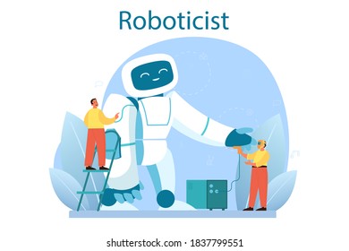 Roboticist concept. Robotic engineering and constructing. Idea of artificial intelligence in building industry. Machine automation. Isolated vector illustration in cartoon style