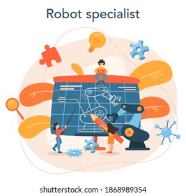Roboticist concept. Robotic engineering and constructing. Idea of artificial intelligence in building industry. Machine automation. Isolated vector illustration in cartoon style