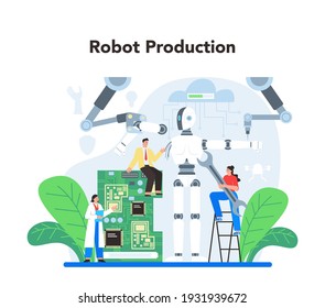 Roboticist concept. Robotic engineering and constructing. Idea of artificial intelligence in modeling industry. Automation system production. Flate vector illustration