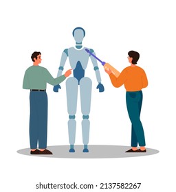 Roboticist concept. Robotic engineering and constructing. Idea of artificial intelligence in modeling industry. Automation system production. Flate vector illustration