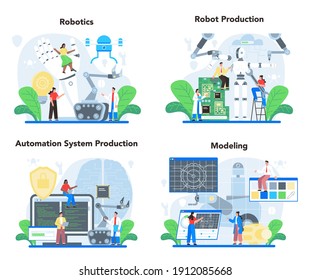 Conjunto de conceptos robóticos. Ingeniería y construcción robótica. Idea de inteligencia artificial en la industria del modelado. Producción de sistemas de automatización. Ilustración vectorial plana