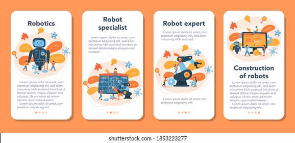 Roboticist mobile application banner set. Robotic engineering and constructing. Idea of artificial intelligence in building industry. Machine automation. Isolated vector illustration in cartoon style