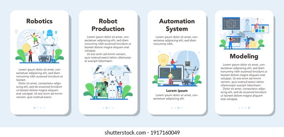 Roboticist mobile application banner set. Robotic engineering and constructing. Idea of artificial intelligence in modeling industry. Automation system production. Flate vector illustration