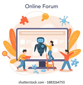 Roboticist online service or platform. Robotic engineering and constructing. Idea of artificial intelligence. Online forum. Isolated vector illustration
