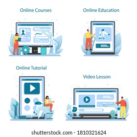 Roboticist online service or platform set. Robotic engineering and constructing. Idea of AI in building industry. Online course, education, tutorial, video lesson. Isolated vector illustration