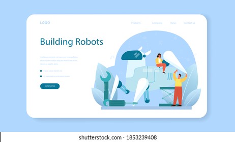 Roboticist web banner or landing page. Robotic engineering and constructing. Idea of artificial intelligence in building industry. Machine automation. Isolated vector illustration in cartoon style