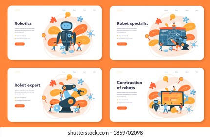 Roboticist web banner or landing page set. Robotic engineering and constructing. Idea of artificial intelligence in building industry. Machine automation. Isolated vector illustration in cartoon style