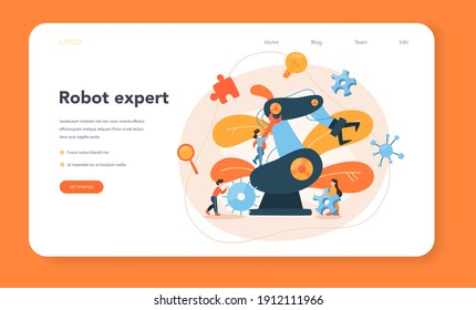 Roboticist web banner or landing page. Robotic engineering and constructing. Idea of artificial intelligence in building industry. Machine automation. Isolated vector illustration in cartoon style