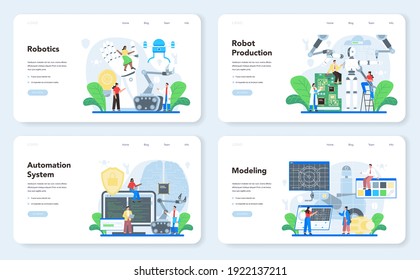 Roboticist web banner or landing page set. Robotic engineering and constructing. Idea of artificial intelligence in modeling industry. Automation system production. Flate vector illustration