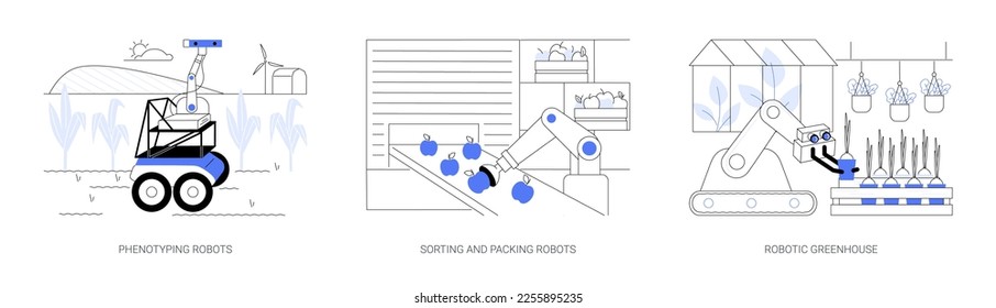 Robotics in agriculture abstract concept vector illustration set. Phenotyping robots, sorting and packing, robot picking seedlings in greenhouse, smart farming, IoT technologies abstract metaphor.
