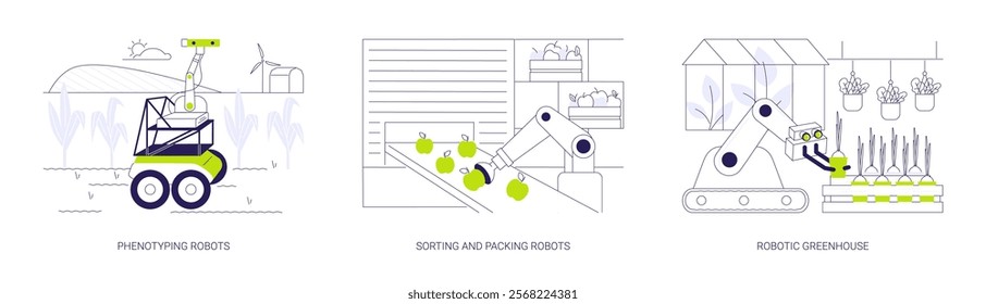 Robotics in agriculture abstract concept vector illustration set. Phenotyping robots, sorting and packing, robot picking seedlings in greenhouse, smart farming, IoT technologies abstract metaphor.