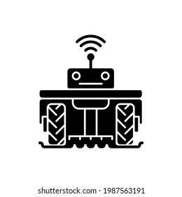 Robotics in agriculture black glyph icon. Automation in agronomy industry. Engineering in biotechnology. High-tech. Silhouette symbol on white space. Vector isolated illustration