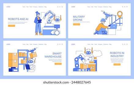 Robotics and AI web banner set. Interfaces showcasing automation in industry, military precision, and warehouse logistics. Future technology in action. Vector illustration.