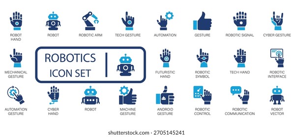 Conjunto de ícones de robótica e automação. Mão Robótica, Gesto Cibernético, Controle de Máquina e Interface Futurista. Ícones vetoriais essenciais para projetos industriais e de IA.