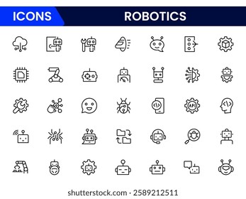 Robotics and Automation Icons vector illustration with thin line editable stroke containing data science, algorithm, chatbot, automation, machine learning, neural networks, face.