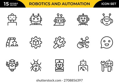 Robotics and Automation line icon set. Vector illustration with thin line editable stroke containing data science, algorithm, chatbot, automation. Thin outline icons pack. Vector illustration