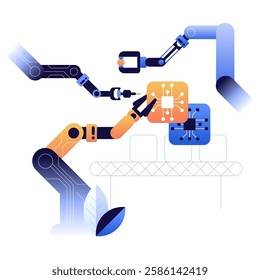 Robotics and Automation. Robotic arms assembling microchips on a production line. Advanced automation in manufacturing. High-tech machinery. Precision engineering and innovation in technology