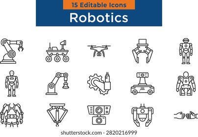 Robotics and automation vector icon set featuring industrial arms drones rovers and humanoid robots