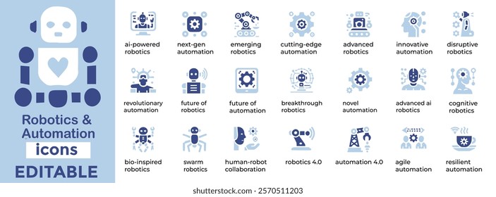 
Robotics and Automation vector icons for AI, robotics, IoT, industry 4.0, automation tech, and smart solutions. Editable