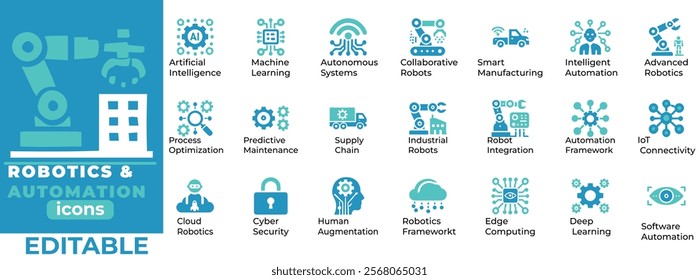 Robotics and Automation Vector Set  Editable icons for AI robots, automation tech, smart factories, and innovation
